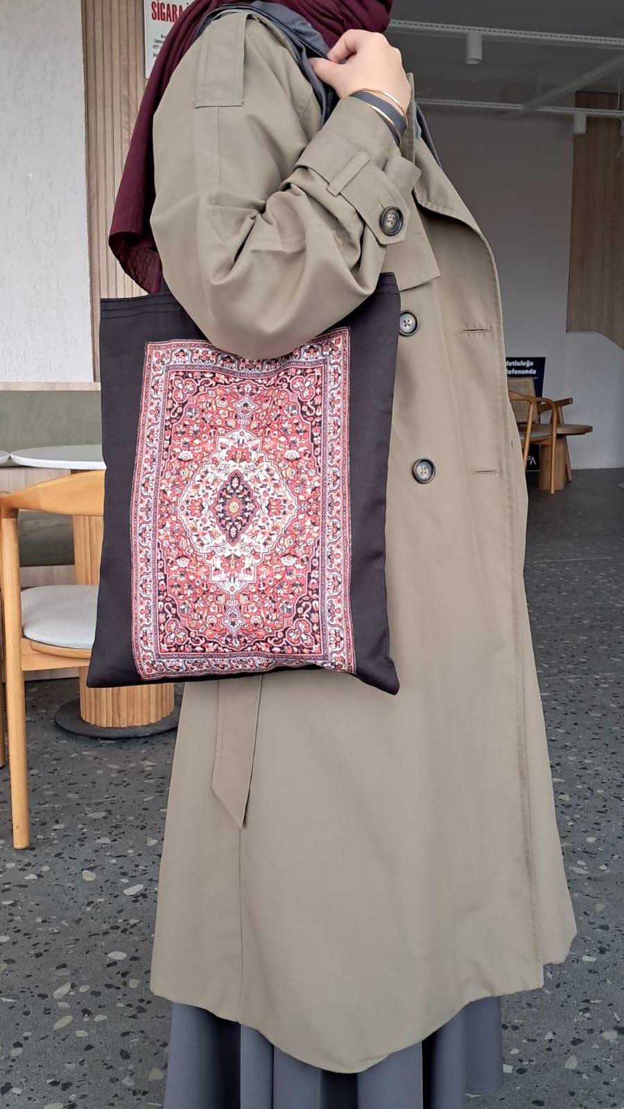 Kırmızı Etnik Kilim Desen Bez Çanta