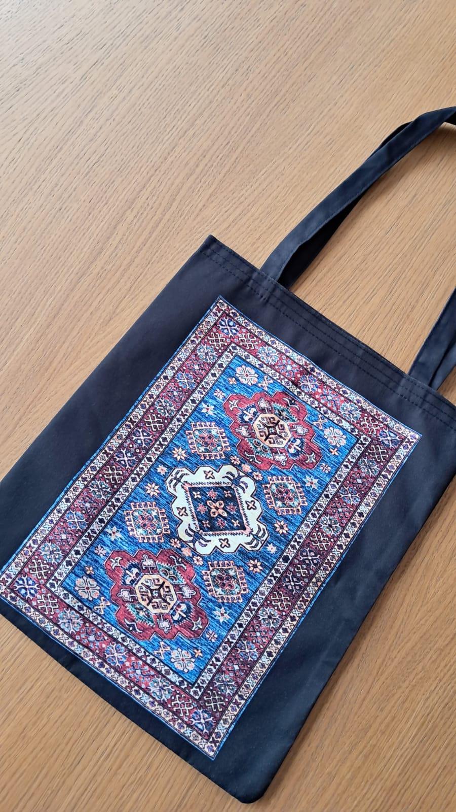 Mavi Kilim Desen Baskılı Bez Çanta