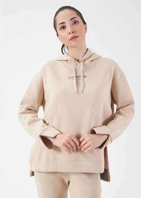 Kadın Bej Kapşonlu Sweatshirt - 41557
