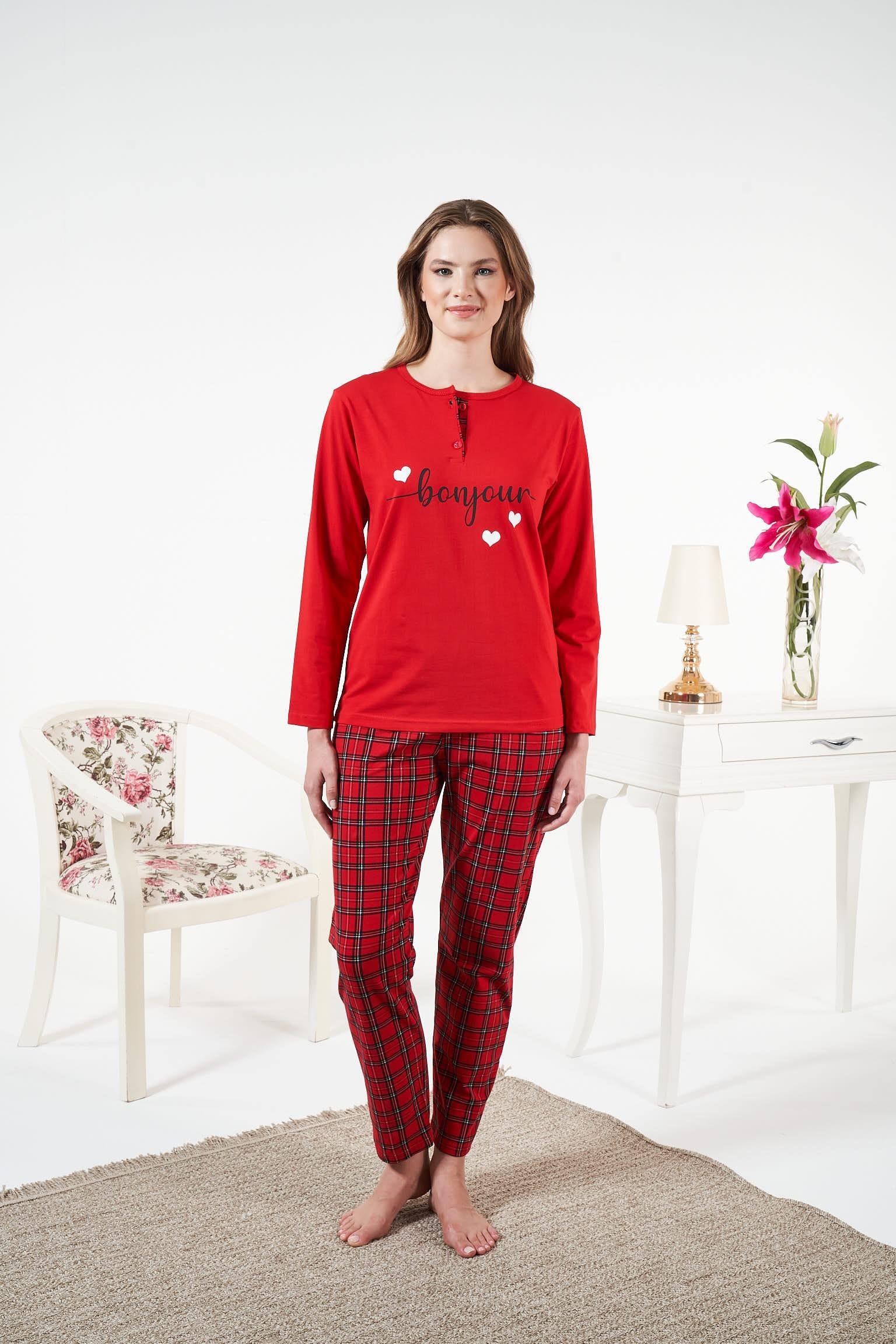 Kadın Kırmızı Penye Pijama Takımı - 25173R