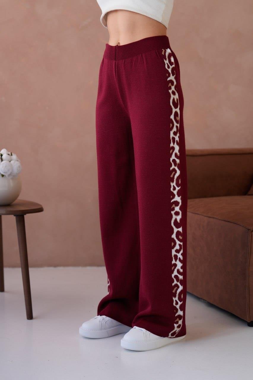 Kadın Leopar Şerit Detaylı Örme Pantolon - 12026R