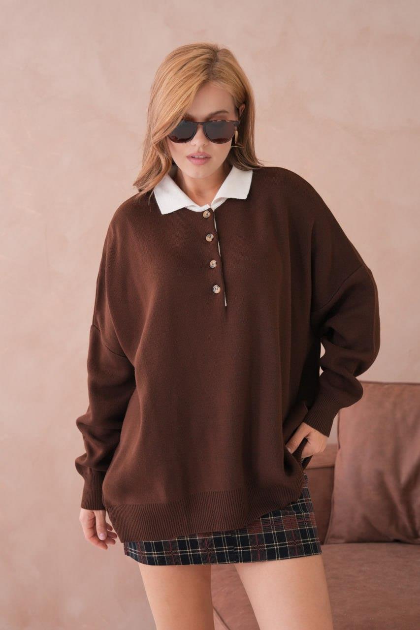 Kadın Polo Yaka Düğmeli Oversize Triko Kazak - 12268R