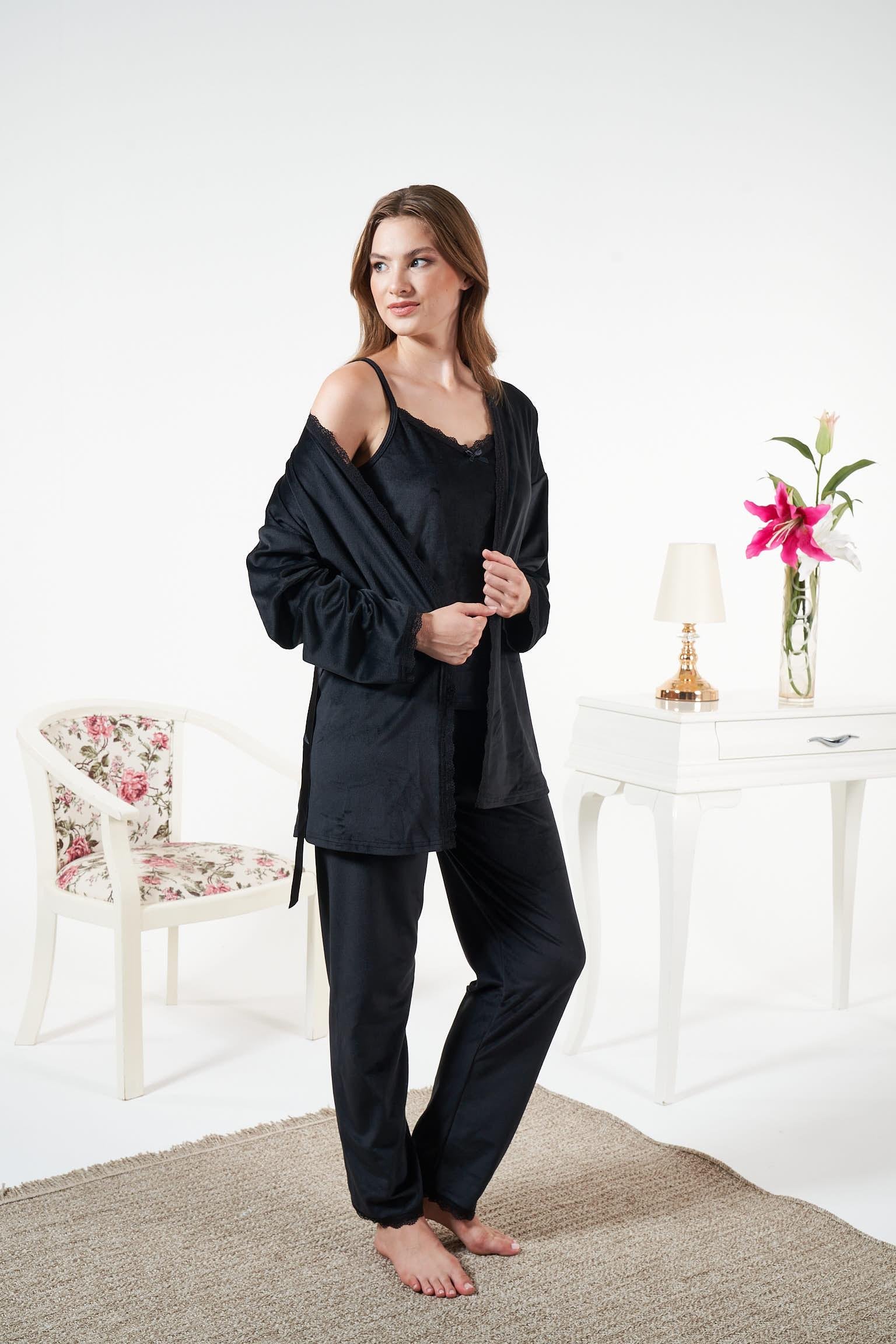 Kadın Siyah 3'lü Kadife Sabahlıklı Pijama Takımı - 24397R