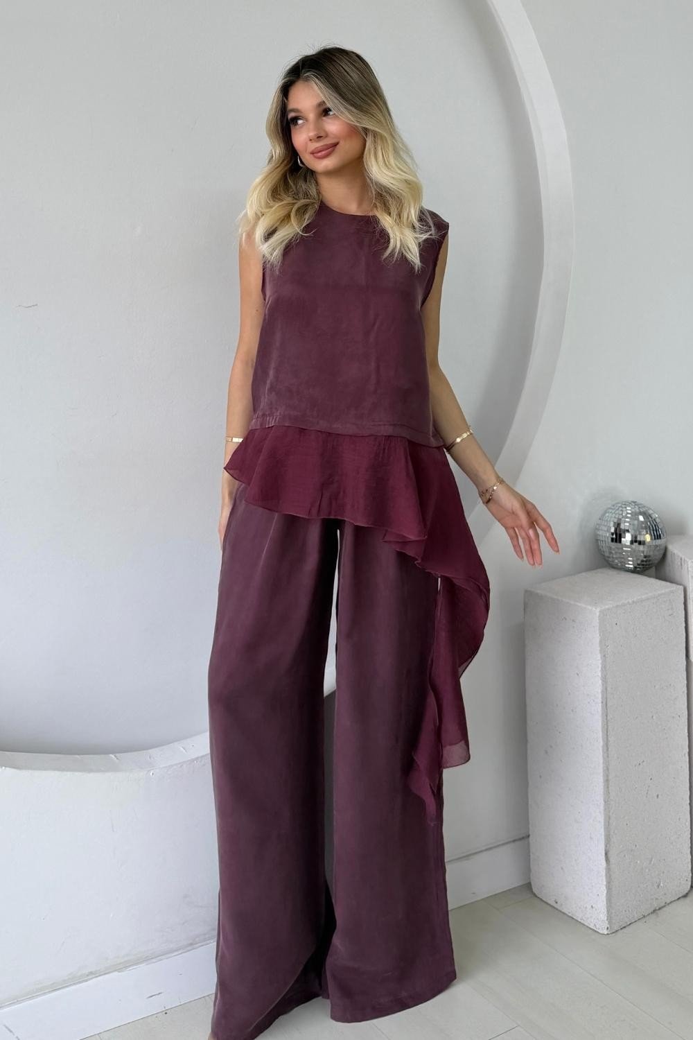 GARNİLİ MODAL BLUZ PANTOLON TAKIM BORDO