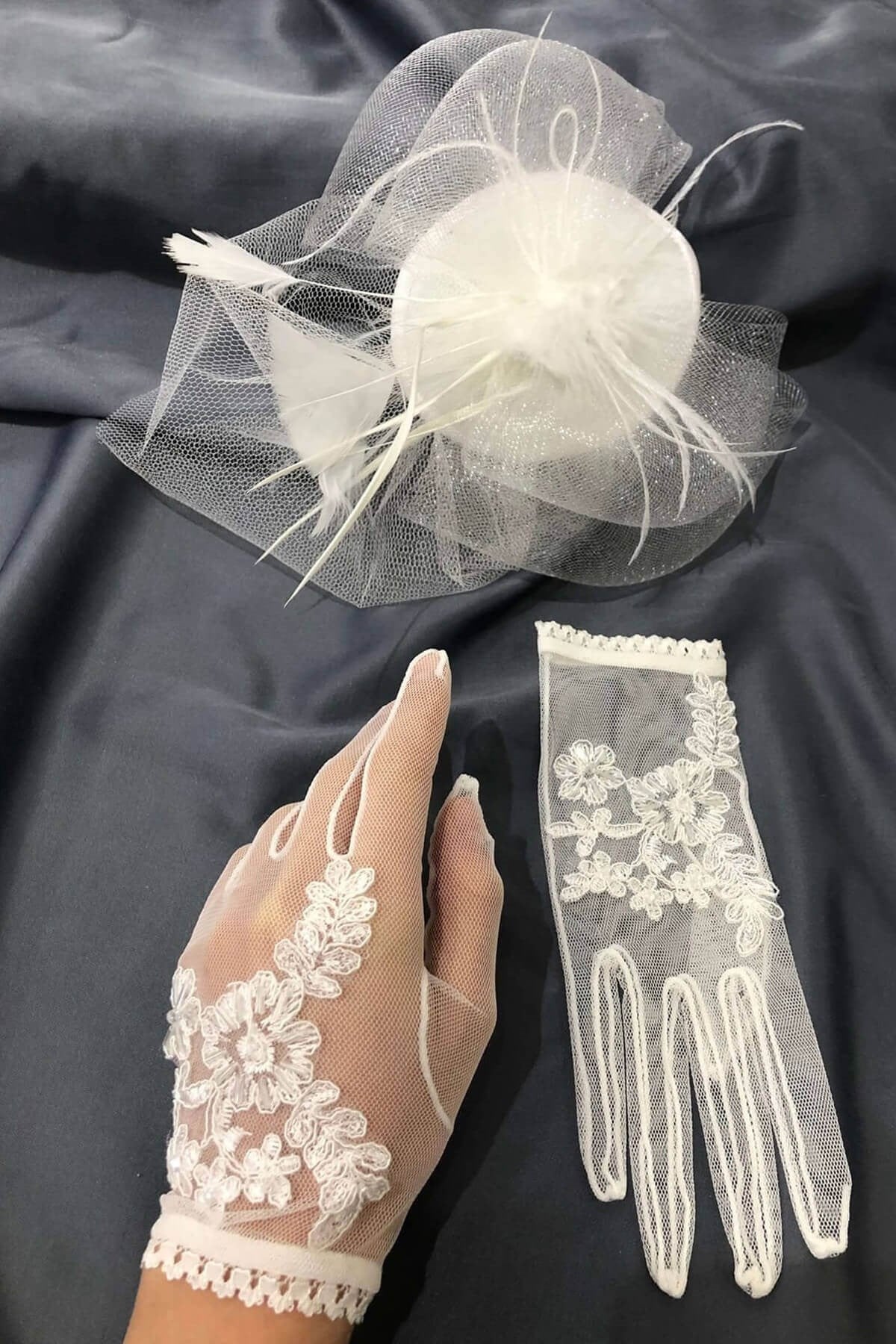 Beyaz İşlemeli Eldiven-Vualet Nikah Şapkası