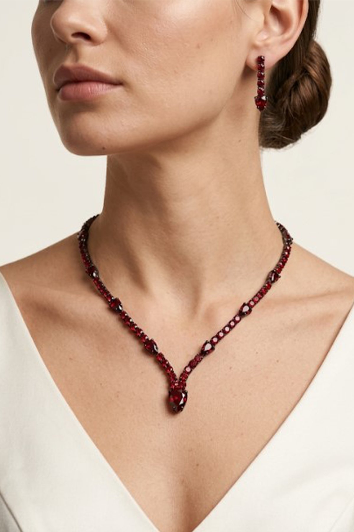 Bordo Renk Parlak Taşlı Kolye Küpe Set Damla Model Gelin Nişan Takı Seti