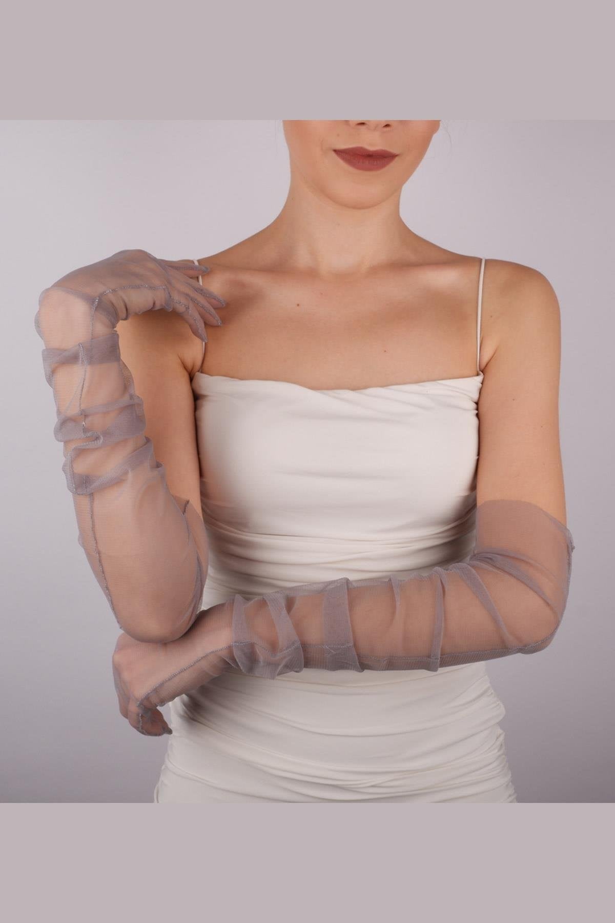 Gri Uzun Şık Gelin Eldiveni Tül Eldiven Nikah/Düğün/Parti/Kostüm Eldiveni
