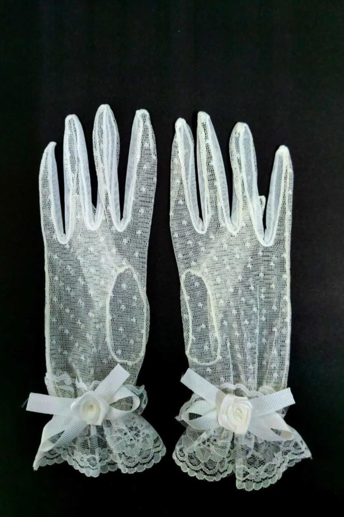 Gül Detaylı Beyaz Gelin Nikah Eldiveni