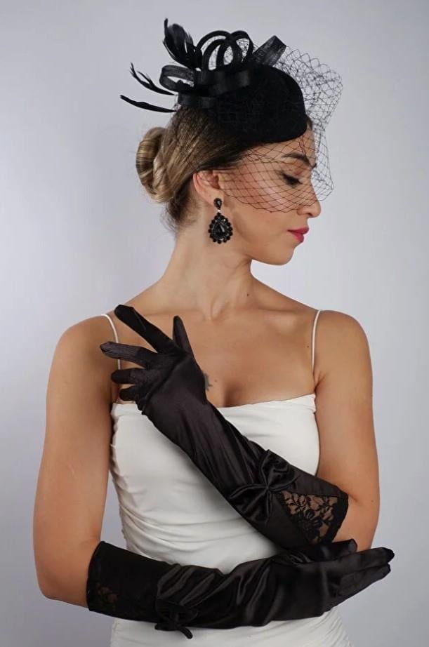 Siyah Saten Kısa Gelin Eldiveni Düğün Nikah Aksesuarı Fascinator Şapka Se