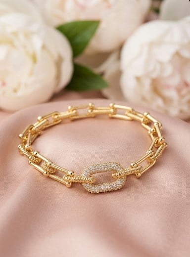 Toptan 316L Çelik Gold Baget Zirkon Taşlı Asansörlü Su Yolu Bileklik