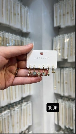 Toptan 6'lı Karma Figürlü Zirkon Taşlı Çelik Küpe Seti - Gold Kaplama
