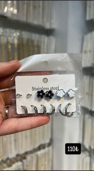 Toptan 6'lı Set Çelik Küpe - Van Cleef Model Çiçek ve Baget Taş Kombin