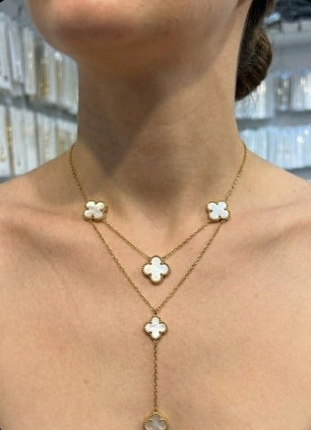 Toptan Çelik Beyaz Sedefli Van Cleef Model Yonca Bileklik