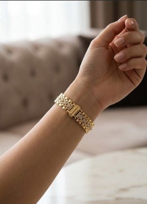 Toptan Çelik Gold Saat Kordon Model Baget Zirkon Taşlı Kadın Bileklik