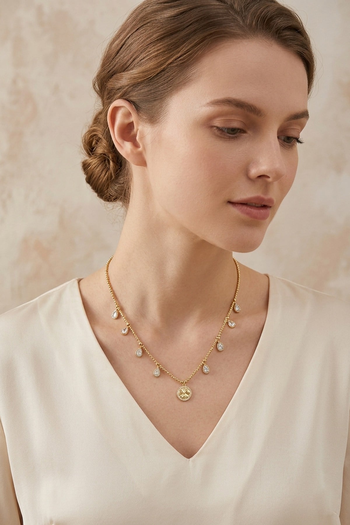 Toptan  Gold Minimal Baget Zirkon Taşlı Kolye
