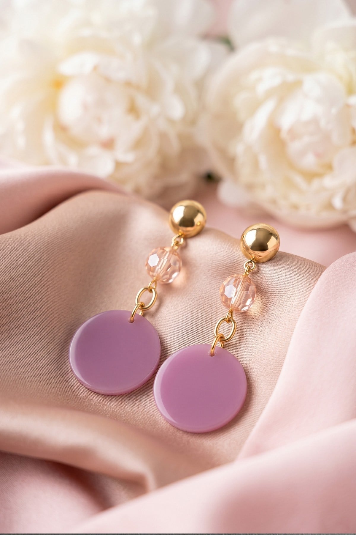 Toptan Lila Akrilik Disk ve Pembe Taşlı Sallantılı Model