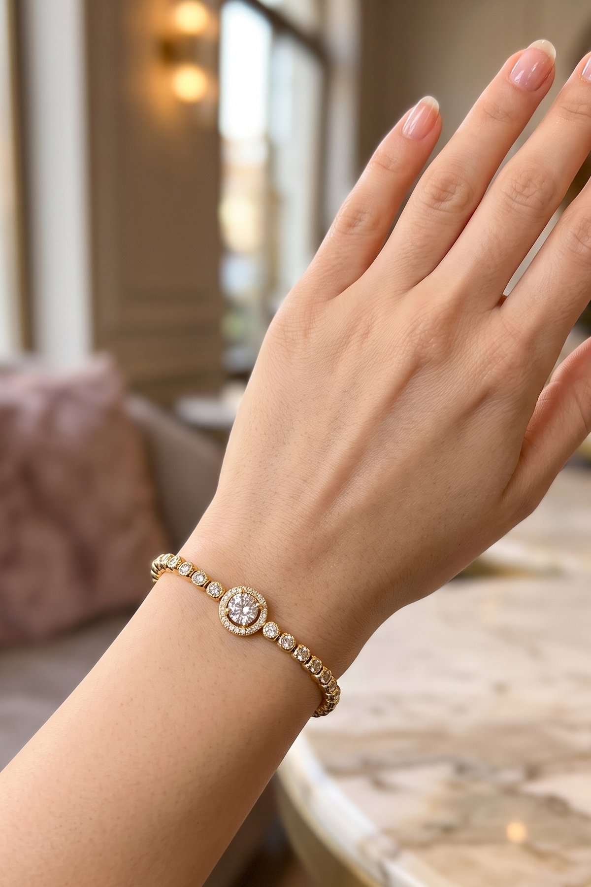 Toptan Zirkon Tek Taş Detaylı 316L Gold Çelik Su Yolu Bileklik