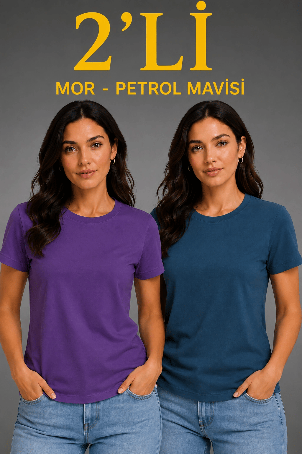 Kadın Basic Bisiklet Yaka Yazlık Slim fit T-Shirt - Mor & Petrol Mavisi
