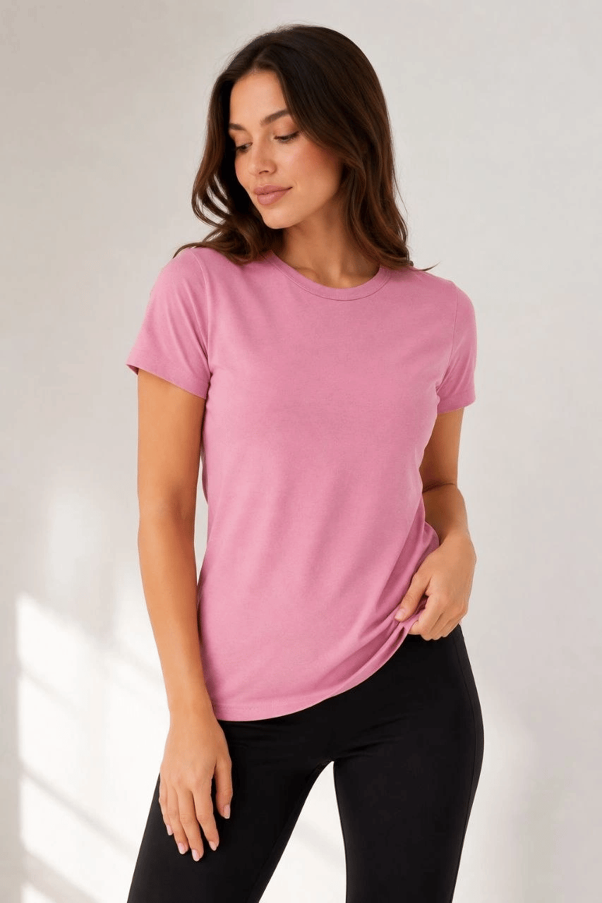 Kadın Basic Tişört Bisiklet Yaka Kısa Kol Günlük Yazlık Slim fit T-Shirt - Pembe