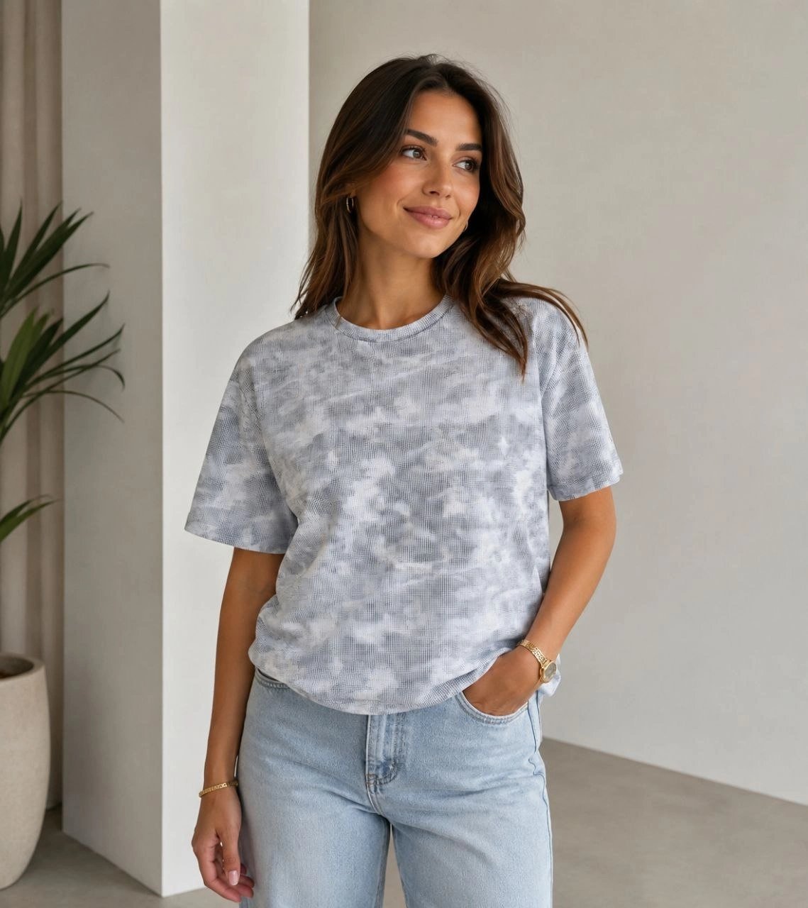 Kadın Batik Desenli Tişört Bisiklet Yaka Kısa Kol Regular Fit T-shirt - Gri