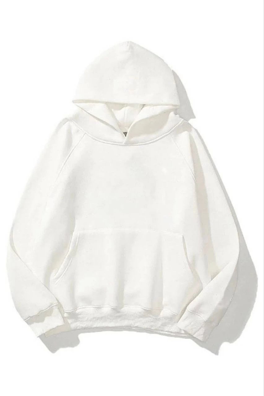 Kadın Kapüşonlu Kanguru Cepli 3 İplik Pamuklu Düz Hoodie Sweatshirt - Beyaz