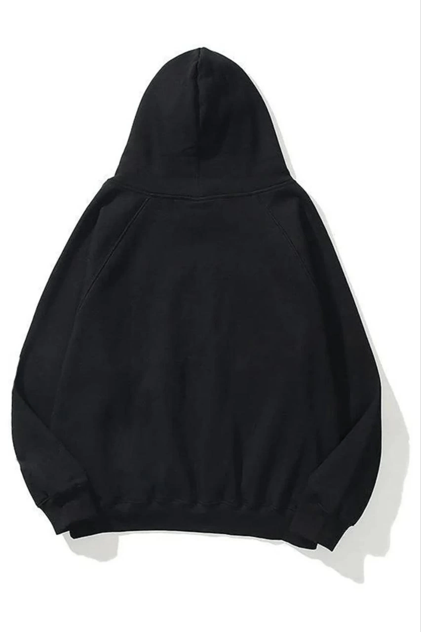 Kadın Kapüşonlu Kanguru Cepli 3 İplik Pamuklu Düz Hoodie Sweatshirt - Siyah