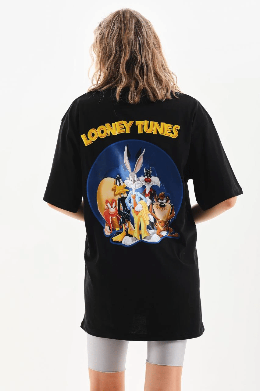 Kadın Kısa Kol Yazlık Tişört Bisiklet Yaka Baskılı Oversize T-Shirt - Siyah