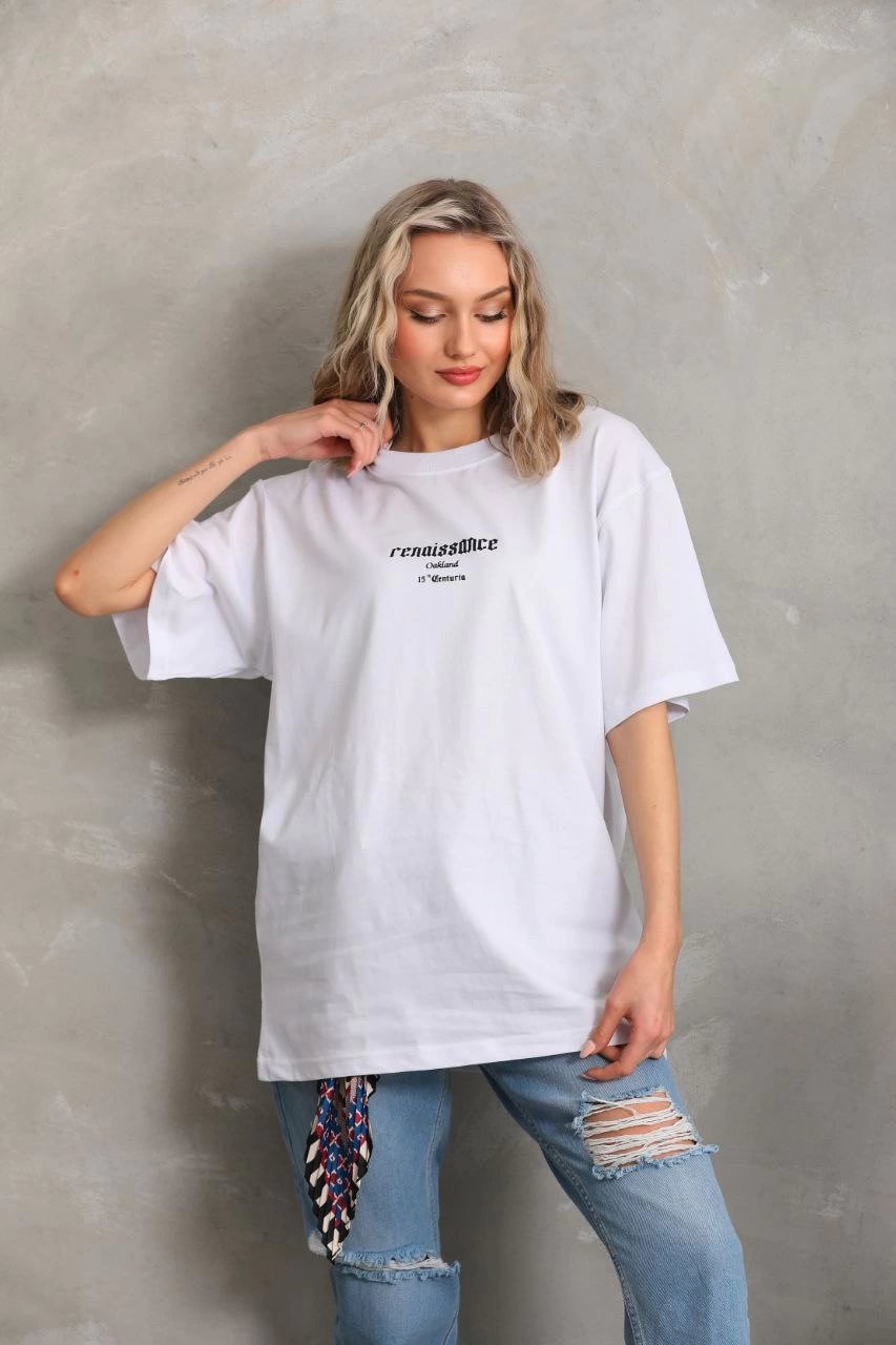 Kadın Kısa Kol Yazlık Tişört Bisiklet Yaka Baskılı Oversize T-Shirt - Beyaz