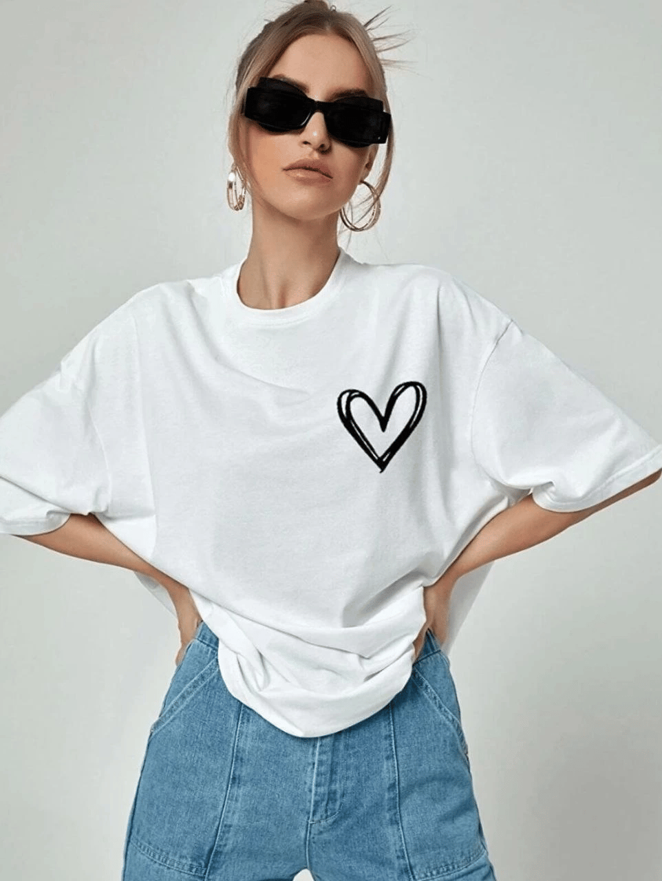 Kadın Tişört Bisiklet Yaka Baskılı Oversize T-Shirt - Beyaz