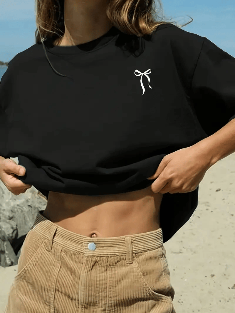Kadın Tişört fiyonk baskılı Bisiklet yaka yazlık Kısa Kol oversize t-shirt - Siyah