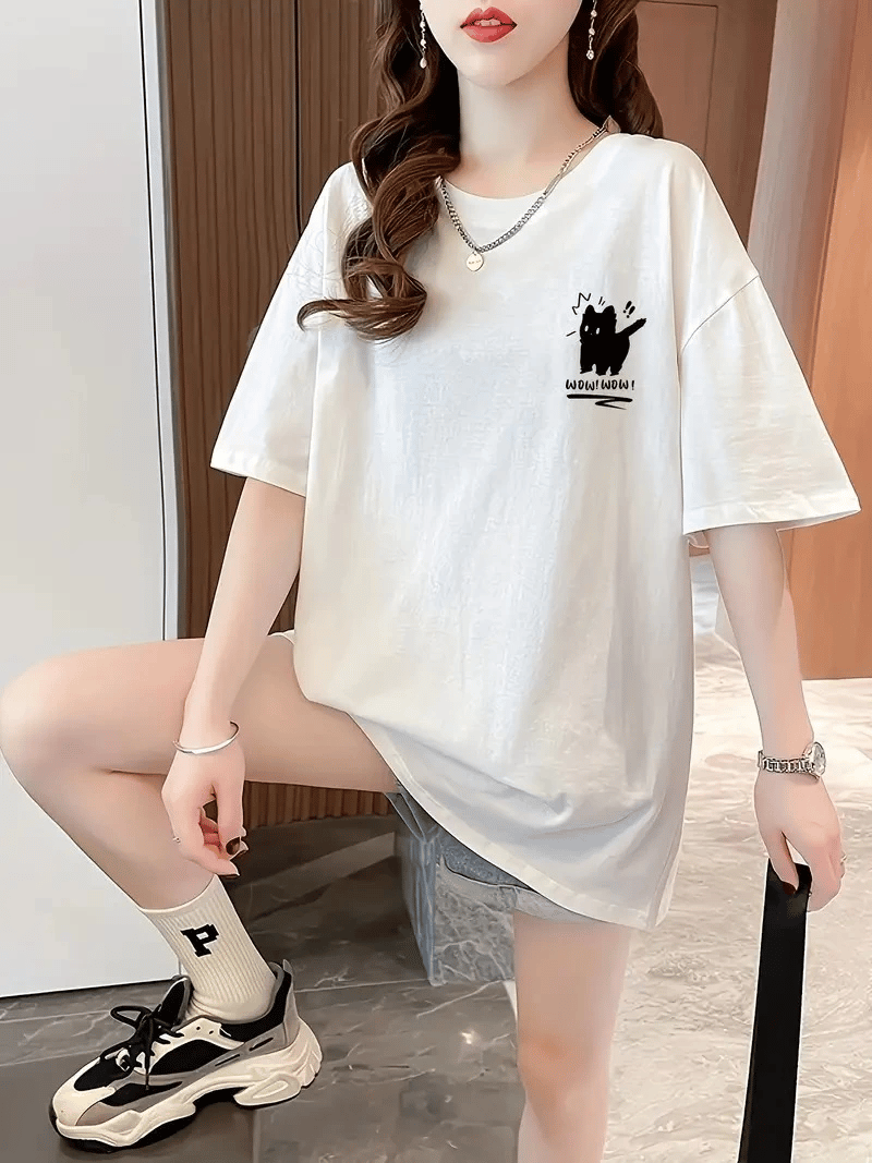 Kadın Tişört Penye Compack Tatlı Kedi Baskılı Bisiklet Yaka T-shirt - Beyaz