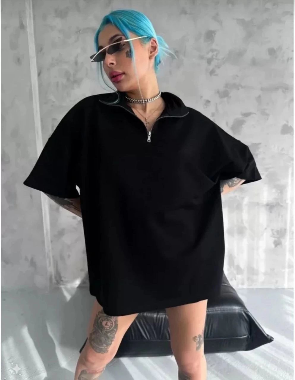 Kadın Yarım Fermuarlı Tişört Düz Oversize T-Shirt - Siyah