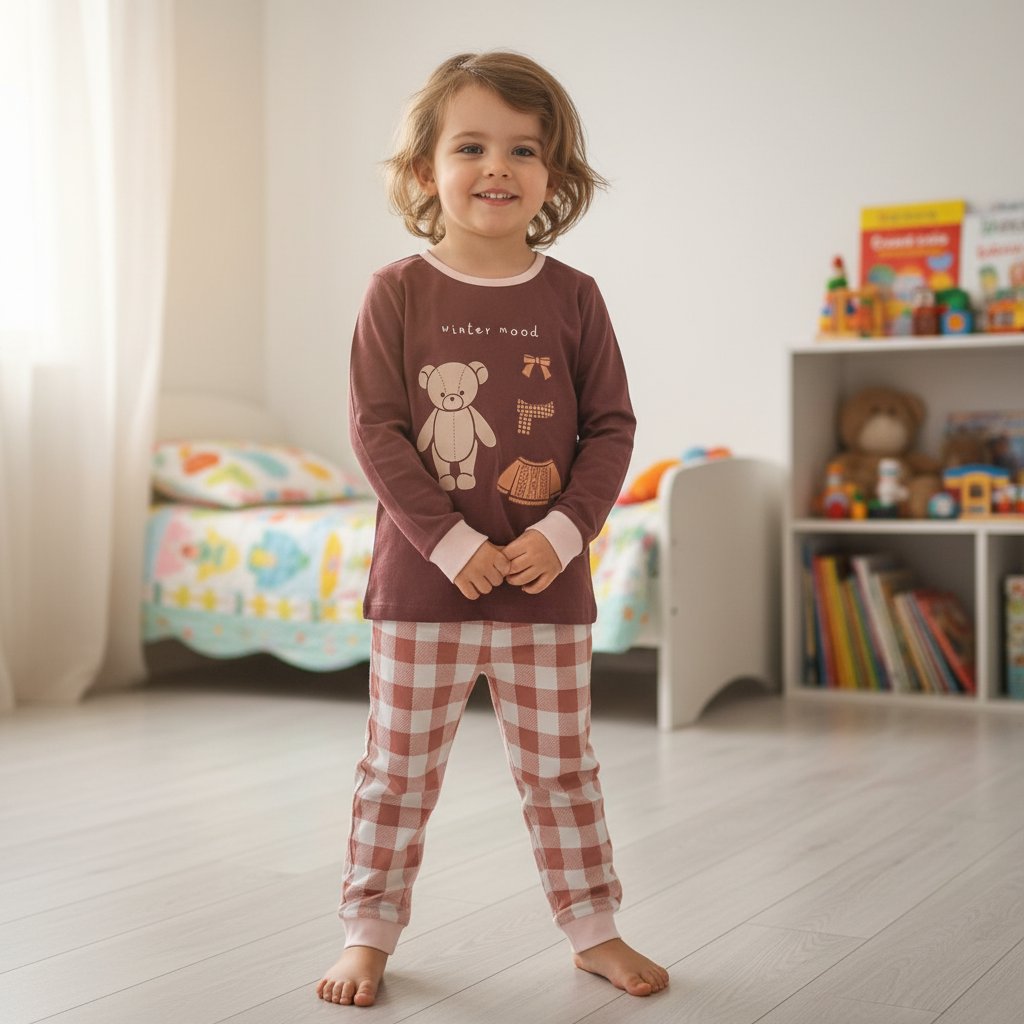 Çocuk Ayıcık Baskılı Kahverengi 2'li Takım CB1028