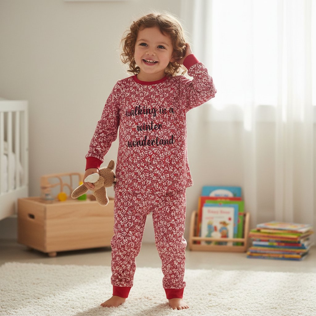 Çocuk Çiçek Baskılı Vişne Renk 2'li Takım CB1058