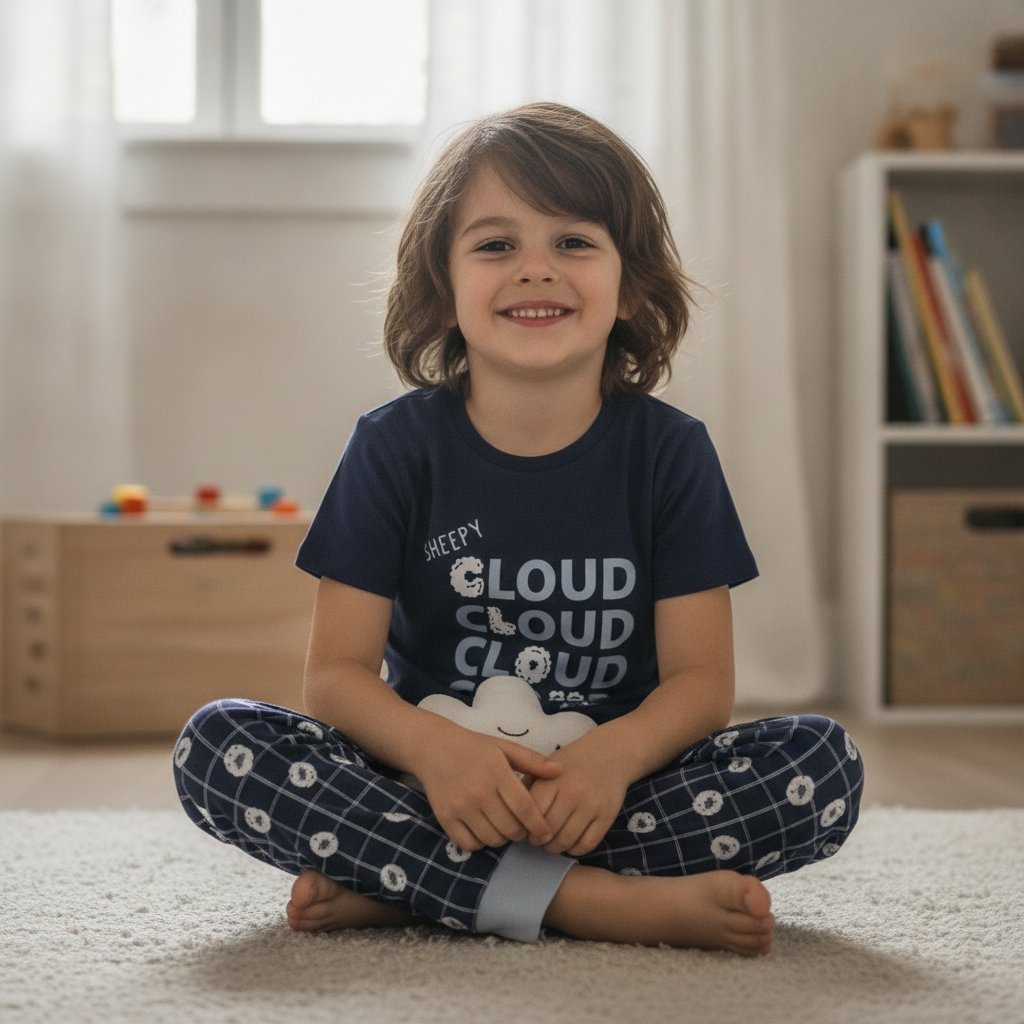 Çocuk Cloud Baskılı Lacivert Renk 2'li Takım CB1043
