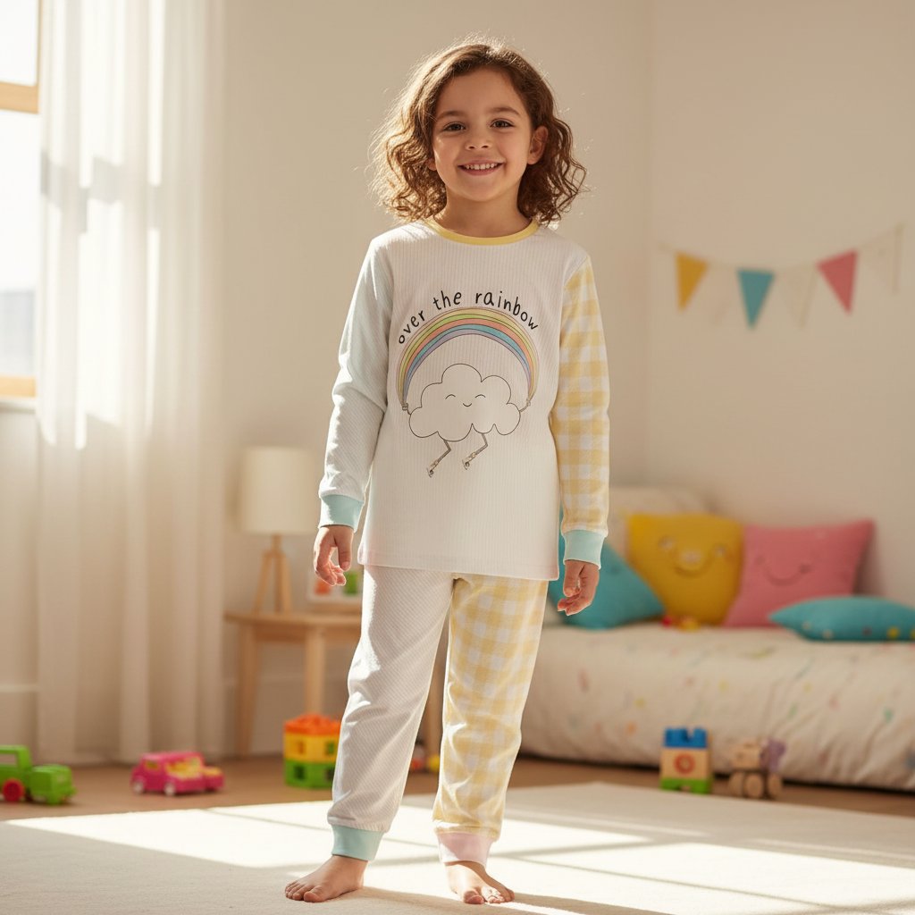 Çocuk Gökkuşağı Baskılı Pembe Renk 2'li Takım CB1007