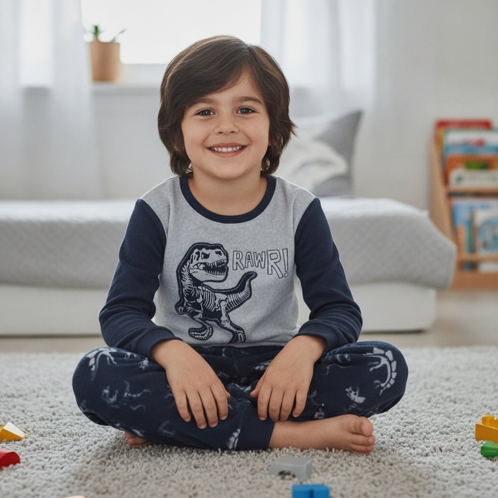 Çocuk Gri Renk Dinazor Baskılı Polar 2'li Takım CB1031