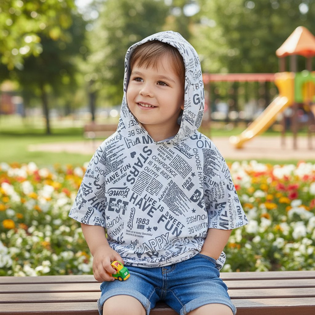 Çocuk Kapşonlu Baskılı Beyaz Renk Tshirt CB1026