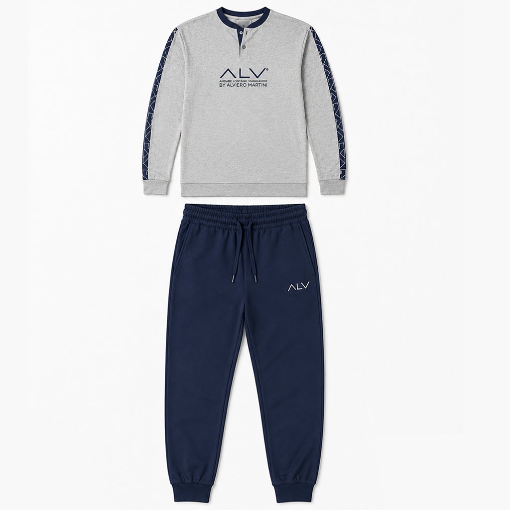 Erkek Pamuklu Bohçalık Ve Çeyizlik Gri Melanj - Lacivert Renk Pijama Takımı AL003 V2