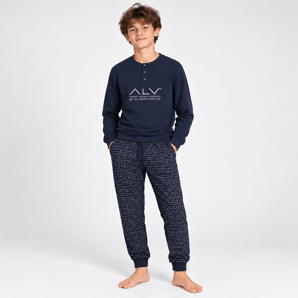Genç Erkek Pamuklu Lacivert Renk Pijama Takımı AL001 V1 BB2431