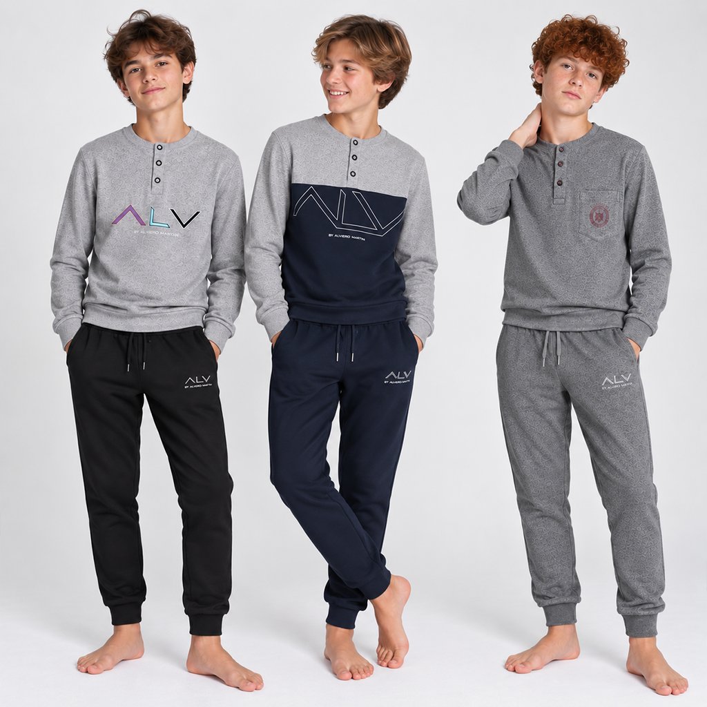 Genç Erkek Pamuklu Yakası Düğmeli Cepli Hediyelik 3 Adet 2'li Alt Üst Pijama Takımı (AL009 V1,AL008 V2, AL007 V2) BB2488