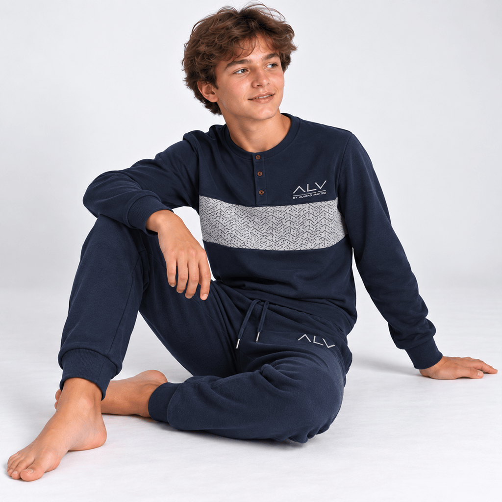 Genç Erkek Pamuklu Yakası Düğmeli Cepli Hediyelik Füme Renk Alt Üst Pijama Takımı AL002 V2 BB2433