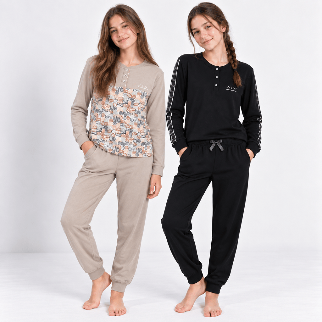 Genç Kadın Pamuklu Yakası Düğmeli Cepli Hediyelik 2 Adet 2'li Alt Üst Pijama Takımı AL507 V1, AL501 V1 BB2453