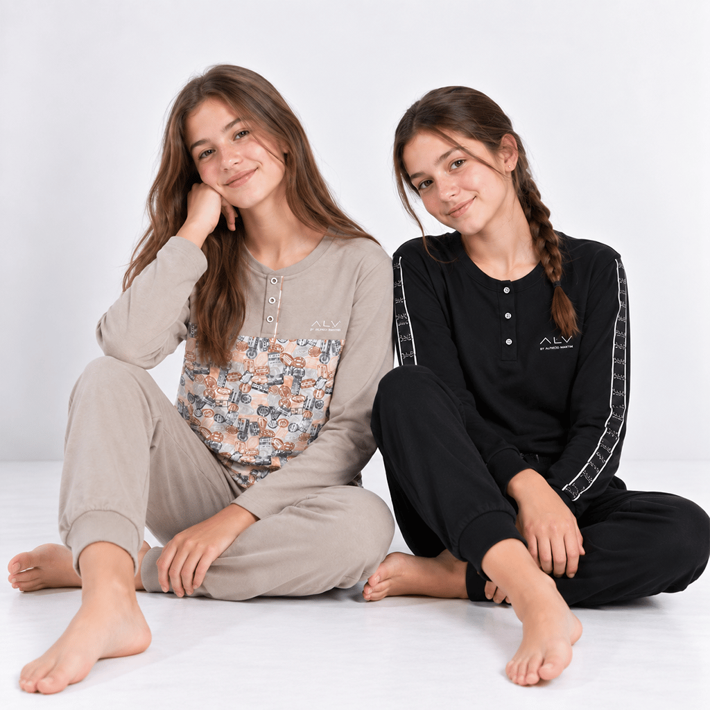 Genç Kadın Pamuklu Yakası Düğmeli Cepli Hediyelik 2 Adet 2'li Alt Üst Pijama Takımı AL507 V1, AL501 V1 BB2453