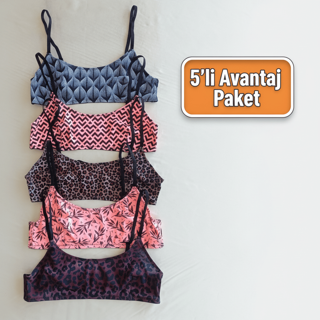 Kadın Balensiz Desteksiz Scoop Bralet 5 Renk 5'li Paket Avantaj Paket Leopar Mavi Pembe Çiçek Geometri Desenli Sütyen BB2817