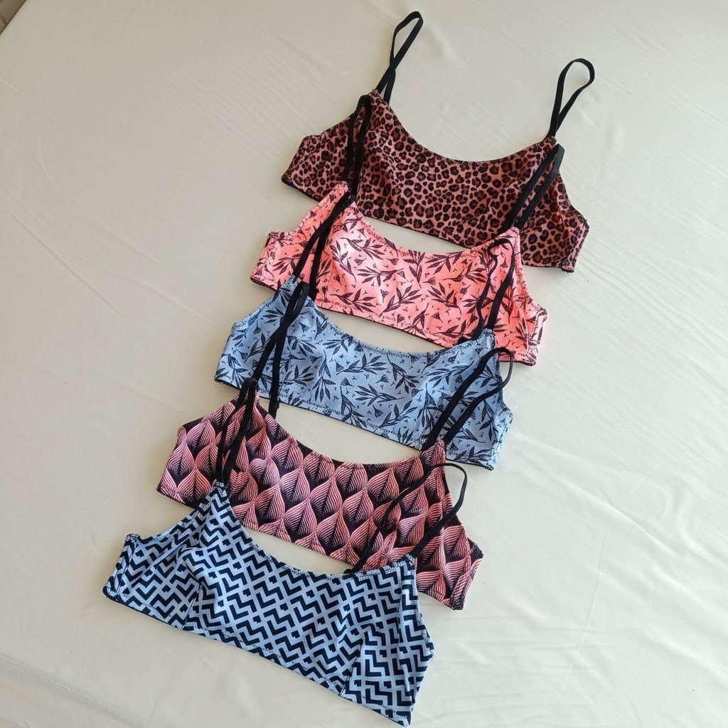 Kadın Balensiz Desteksiz Scoop Bralet 5 Renk 5'li Paket Avantaj Paket Leopar Mavi Pembe Çiçek Geometri Desenli Sütyen BB2817