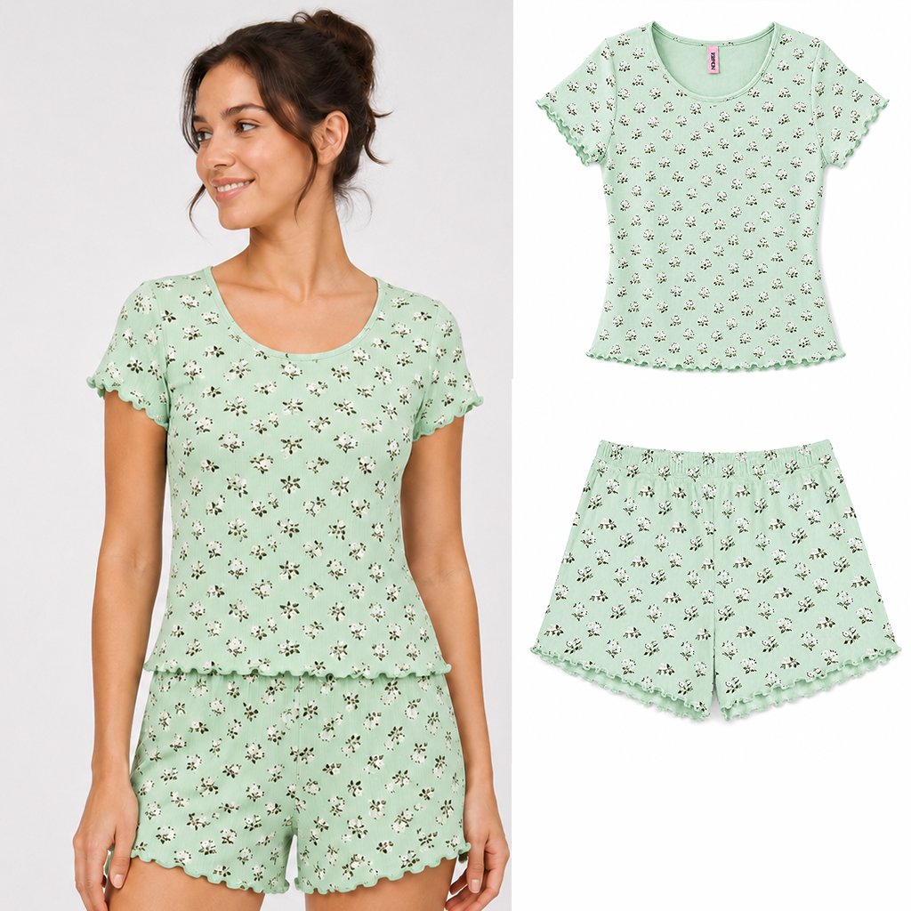 Kadın Bohçalık Çeyizlik Hediyelik Pointel Kumaş Şort Kısa Kol Tshirt ve Bralet 3'lü Pijama Takım BB2414