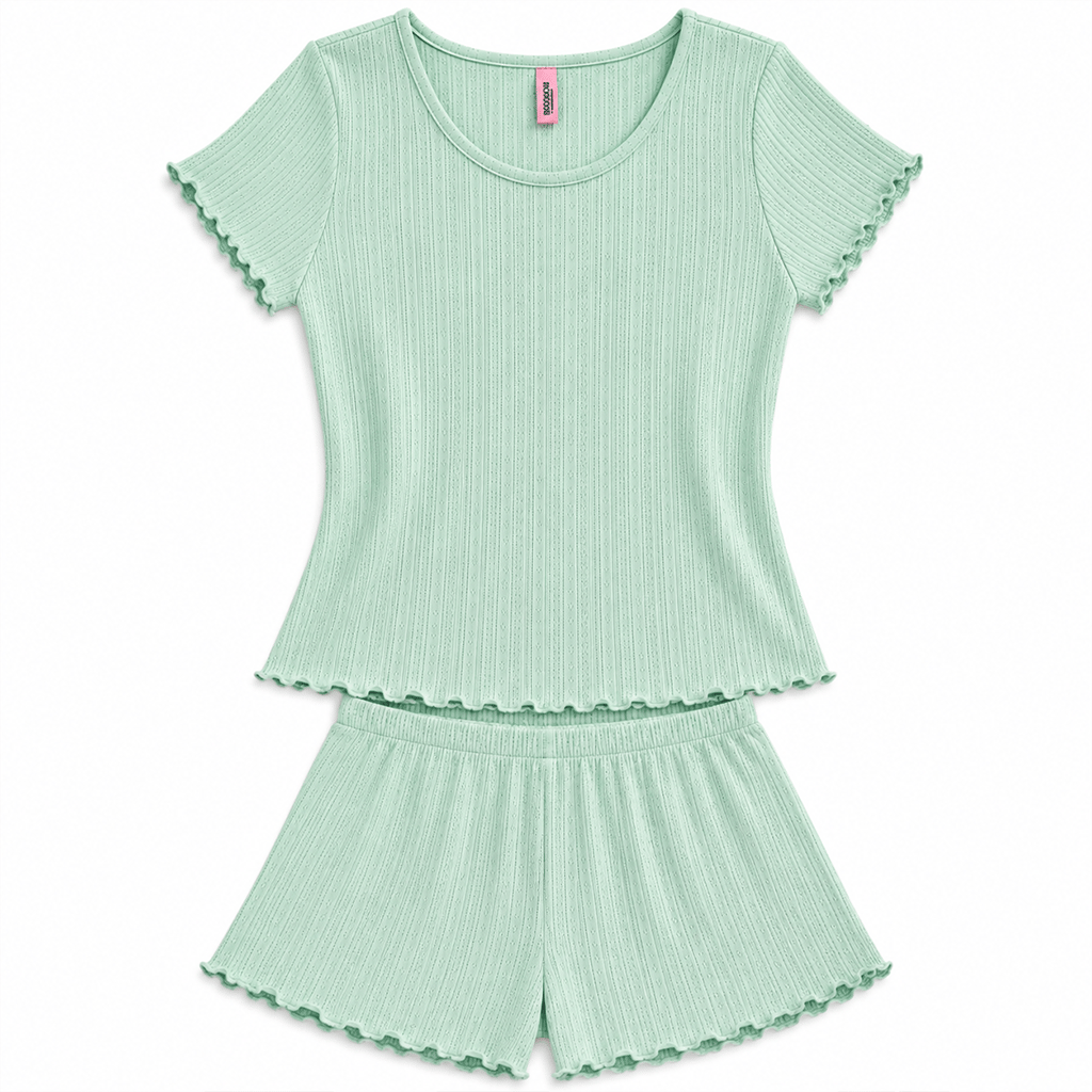 Kadın Bohçalık Çeyizlik Hediyelik Pointel Kumaş Şort Kısa Kol Tshirt ve Bralet 3'lü Pijama Takım BB2414