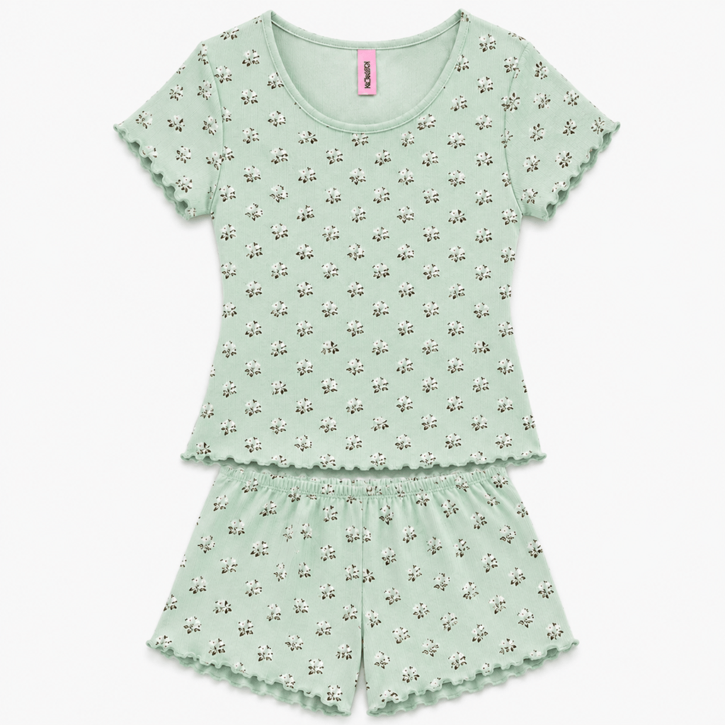 Kadın Bohçalık Çeyizlik Hediyelik Pointel Kumaş Şort Kısa Kol Tshirt ve Bralet 3'lü Pijama Takım BB2414