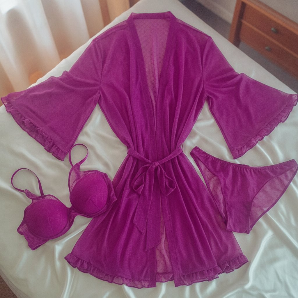 Kadın Çeyizlik ve Bohçalık Tül Transparan Mor Renk Sütyen, Slip ve Sabahlık 3 lü Paket BB2685